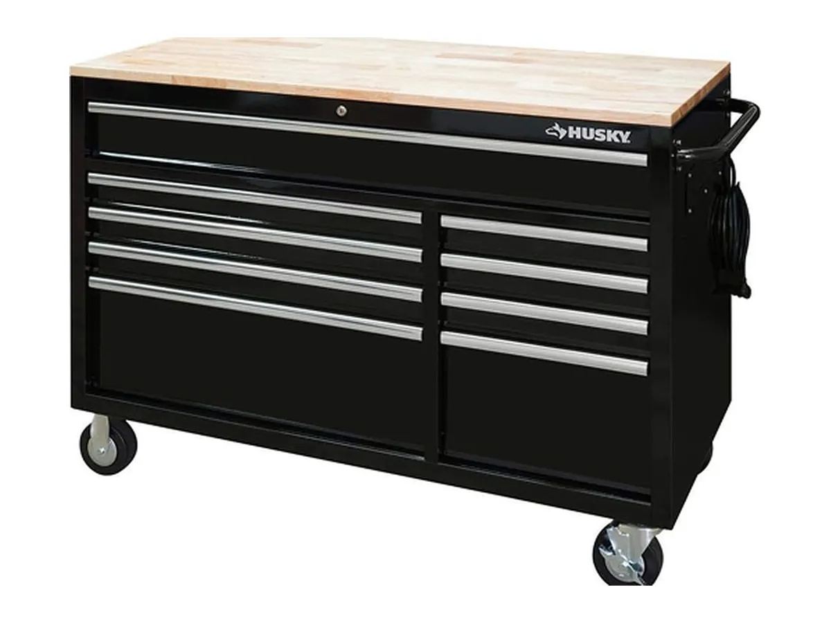 Husky 9-drawer mobile workbench on casters, angled view