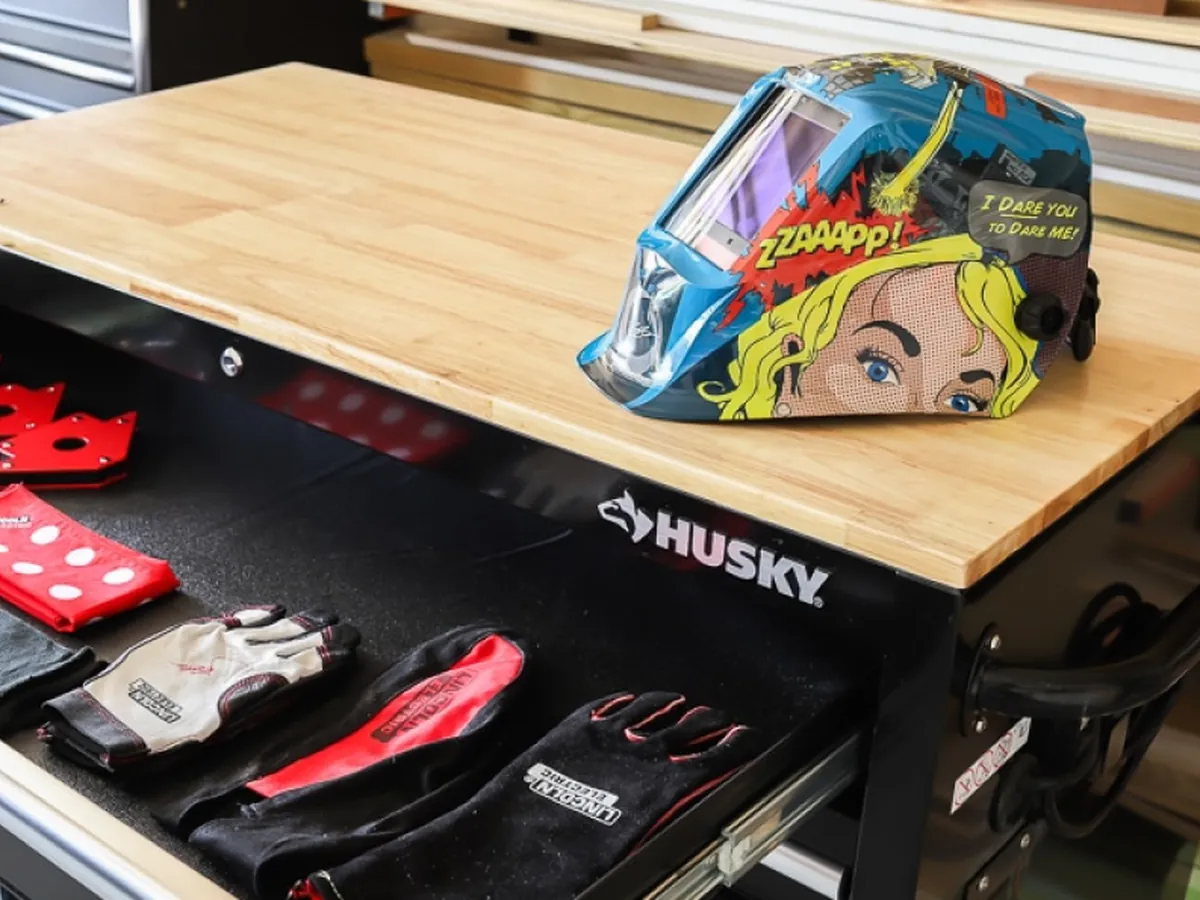 Husky workbench wood top with an open drawer